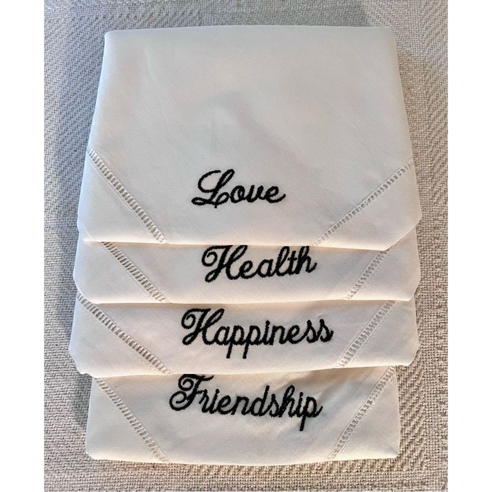Set of 4 Hemstitched Linen Black Embroidered Hand Towels/Napkins